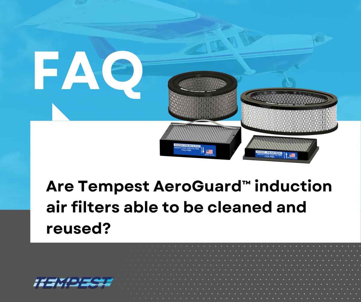 Yes! Tempest AeroGuard™ air filters can be cleaned and reused—up to 5 times or 500 flight hours, whichever comes first. 
Reliable performance, extended value.

#Tempest #FAQ #innovation #GeneralAviation