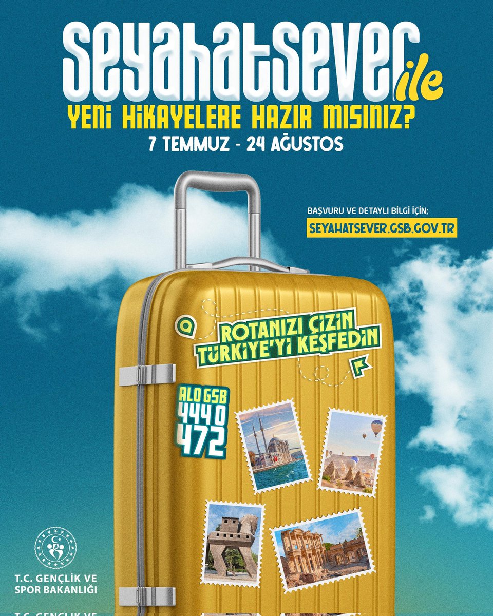 Sevgili gençler, #Seyahatsever ile yeni hikâyelere hazır mısınız?😎

GSB Yurtları kapılarını 5 gün boyunca ücretsiz olarak Seyahatseverler için açıyor!🇹🇷🏢

Yeni şehirler, dostluklar ve unutulmaz deneyimler için rotanı oluştur, Türkiye’yi keşfet!🧳🗺️

📌 seyahatsever.gsb.gov.tr