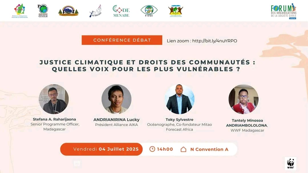 WWF Madagascar (@wwf_mada) on Twitter photo #CSOForum Day 2 - July 4, 2025
Novotel Convention & Spa – Alarobia
On the agenda : 
08:30 – Women’s leadership in environmental crises
10:00 – Field voices and future solutions
14:00 – Climate justice and community rights
More info & livestream 👉 facebook.com/share/19ZvPyxm… #CSOForum Day 2 - July 4, 2025
Novotel Convention & Spa – Alarobia
On the agenda : 
08:30 – Women’s leadership in environmental crises
10:00 – Field voices and future solutions
14:00 – Climate justice and community rights
More info & livestream 👉 facebook.com/share/19ZvPyxm…