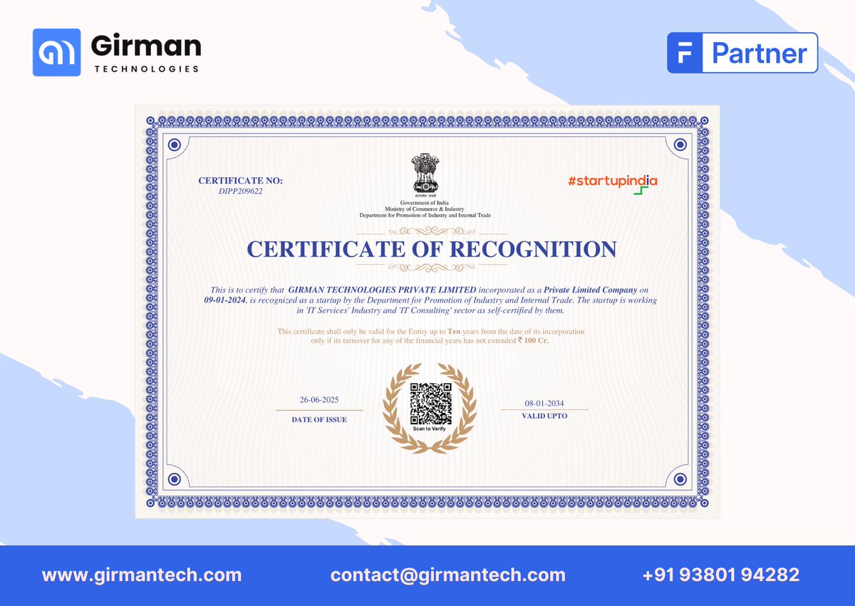 Girmantech's tweet image. Exciting News!
We’re proud to share that Girman Tech has been recognized with a Certificate of Recognition by @startupindia ! 🚀
Thank you to our team, clients, and supporters for being part of this journey!

#startupindia #girman #erpnext #erp #frappe #BusinessNews