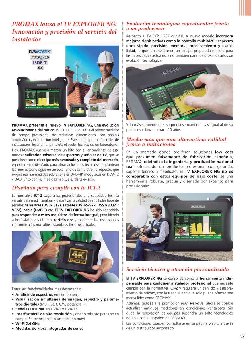 PROMAX_noticias's tweet photo. En el último número de la revista IPTV se ha publicado un artículo en el que analizan en detalle el TV EXPLORER NG, la nueva generación del mítico medidor de campo #TVEXPLORER de #PROMAX. Si quieres más información visita la ficha de producto aquí: https://t.co/GjqnCiPIMn https://t.co/GIqxrDz8MP