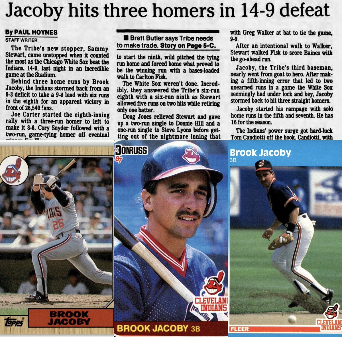 MrCleveland_216's tweet image. July 3, 1987: Jacoby Hat Trick⚾️

(in the voice of Howie Chizek🎤):
“Brook Jacoby for tha-reeeeee !”

3B Brook Jacoby has his day, hits 3 solo HRs in L to ChiSox

Tribe falls to 27-51 worst record in MLB (#IndianUprising)

#Brook #Trifecta ￼ 
#Topps #Donruss #Fleer