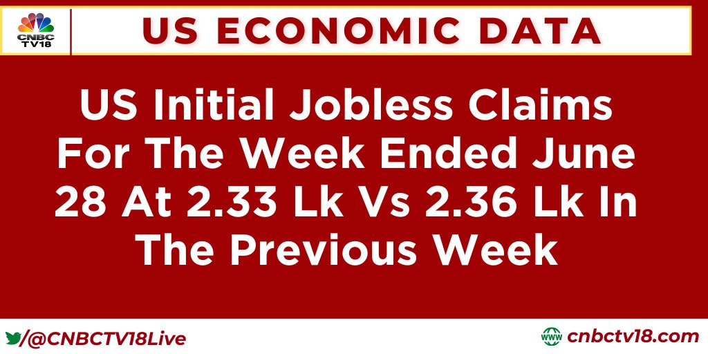CNBCTV18Live's tweet photo. #USEconomicData | US Initial Jobless Claims For The Week Ended June 28 At 2.33 Lk Vs 2.36 Lk In The Previous Week https://t.co/gmkgg2B589