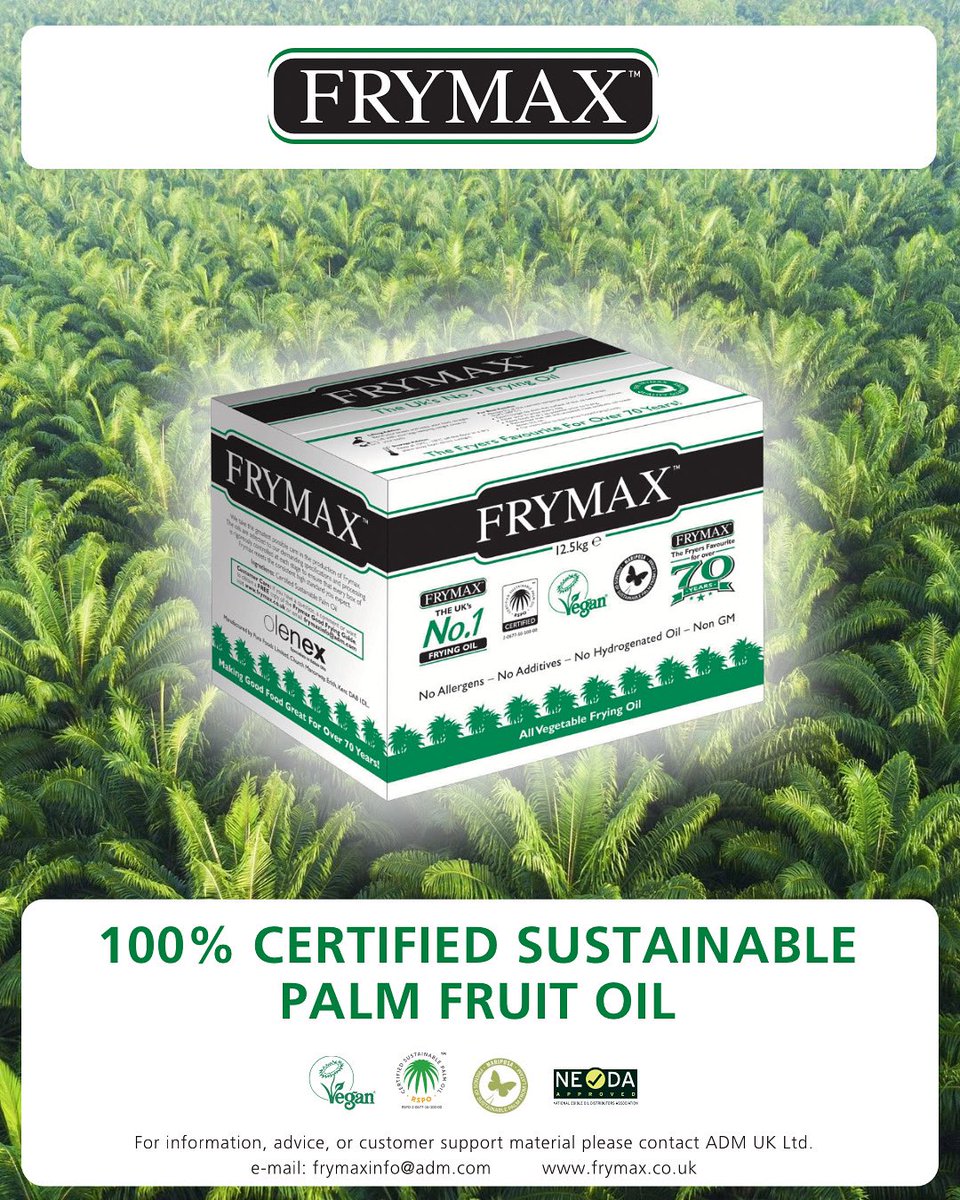 Fry_Magazine's tweet image. Since 2013, Frymax® has been made from fully segregated, RSPO certified sustainable palm fruit oil. Fully segregated means that Frymax® oil is not mixed with non-certified palm fruit oil and is guaranteed 100% segregated.
#frymax #sustainability #oil #frying #fry #fryingoil #fish