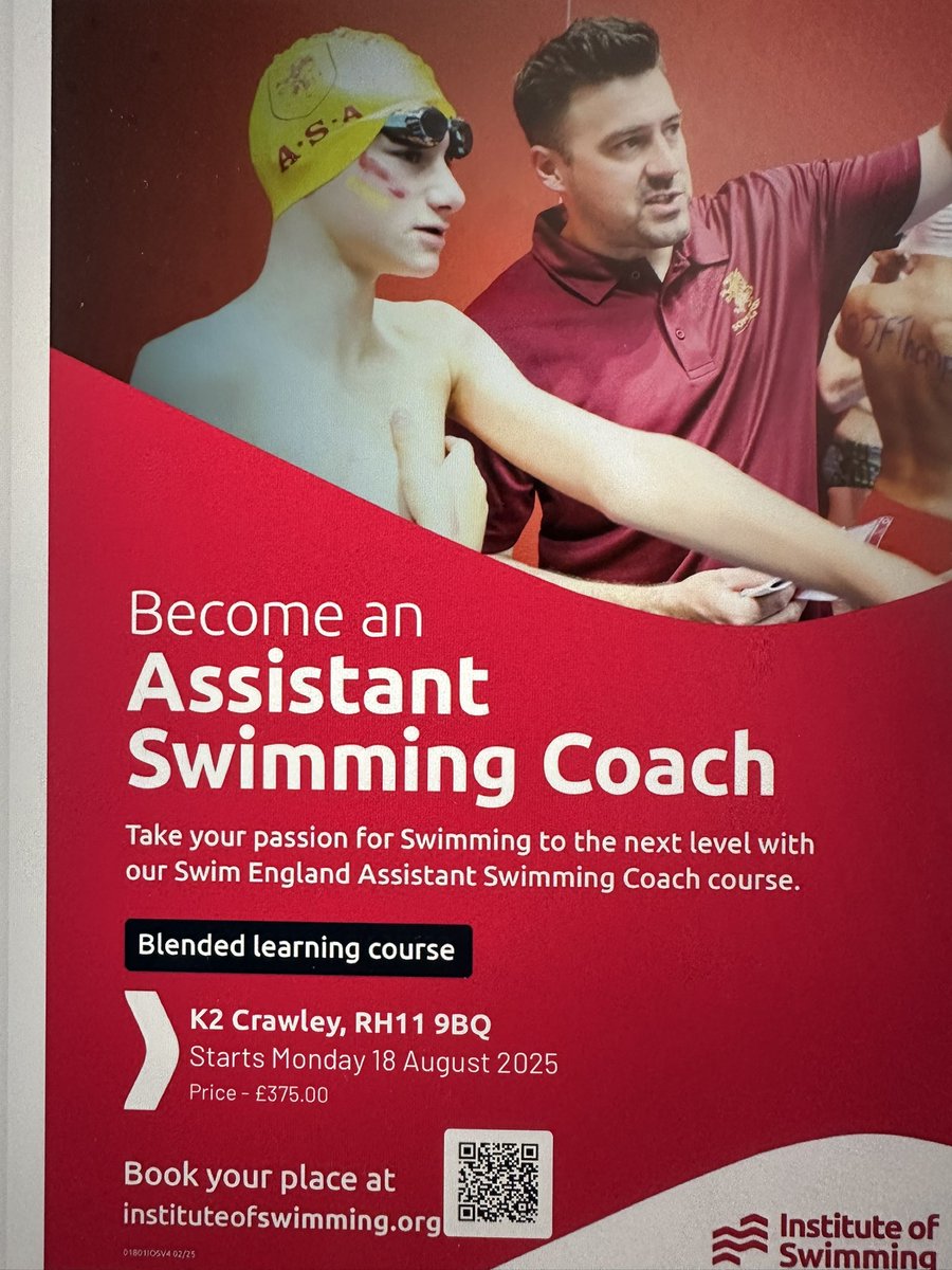 Assistant Swimming Coach Course Web Ex and practical at K2 Crawley places still available. Closing date Soon Tutor: Ron Philpot