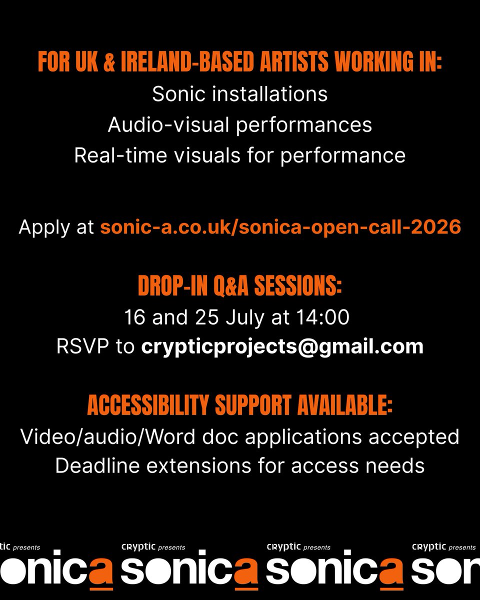 crypticglasgow's tweet image. Sonica Open Call 2026🎉Applications now open!
We're looking for UK & Ireland-based artists working in:
🔊 Sonic installations
🎥 AV performance
💻 Real-time visuals
🗓 Deadline: 25 Aug 2025
Apply now: sonic-a.co.uk/sonica-open-ca…