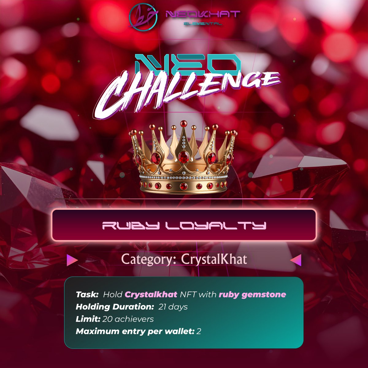 Cryptokhat (@thecryptokhat) on Twitter photo โค๏ธโ๐ฅNEOCHALLENGE: RUBY LOYALTY๐
Loyalty is rare. Like the ruby, it endures beyond time.
How to Join:
1๏ธโฃConnect your wallet at palace.cryptokhat.com
2๏ธโฃJoin the challenge and hold CrystalKhat with a Ruby gemstone
Each day you hold brings you closer to evolution.
Are you ready?๐ฅ โค๏ธโ๐ฅNEOCHALLENGE: RUBY LOYALTY๐
Loyalty is rare. Like the ruby, it endures beyond time.
How to Join:
1๏ธโฃConnect your wallet at palace.cryptokhat.com
2๏ธโฃJoin the challenge and hold CrystalKhat with a Ruby gemstone
Each day you hold brings you closer to evolution.
Are you ready?๐ฅ