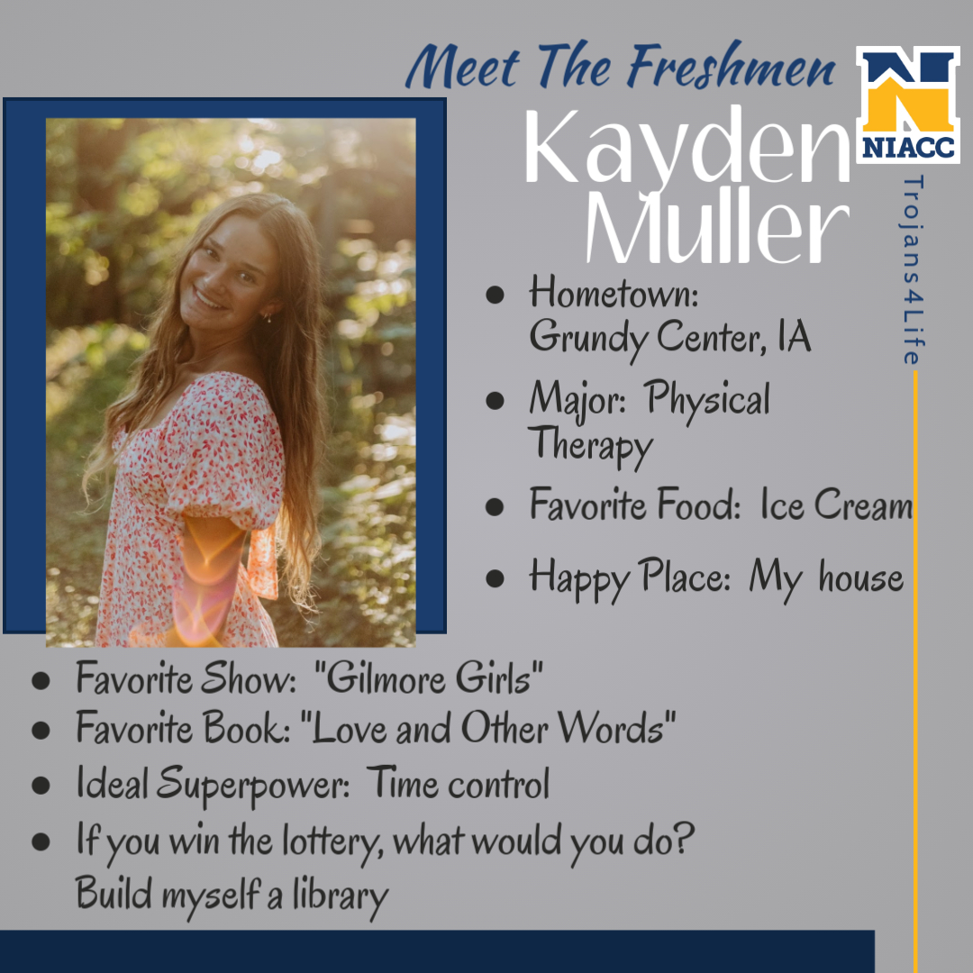 NIACCVolleyball's tweet photo. Time to meet our Freshmen!  Next up is Kayden Muller from Grundy Center, Iowa! #Trojan4Life @NIACCTrojans https://t.co/xTFJQpjUfu