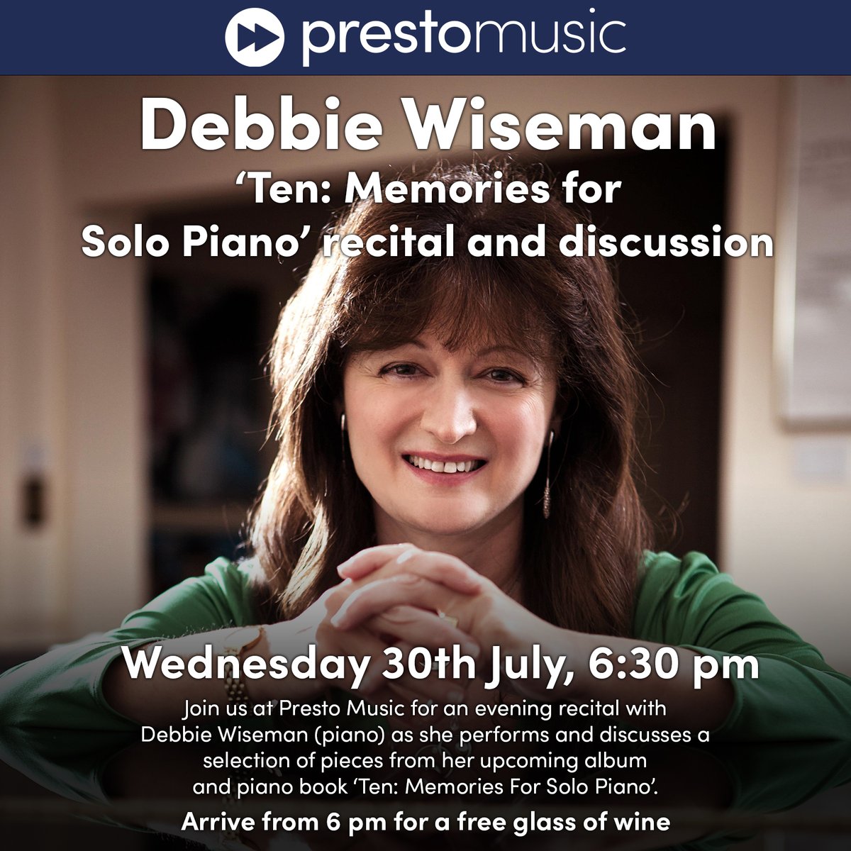 Presto Music shop (@prestoshop) on Twitter photo Join us at Presto Music on 30th July for an evening with <a href="/wisemandebbie/">Debbie Wiseman</a> (piano) as she performs and discusses a selection of pieces from her upcoming album and piano book, ‘Ten: Memories For Solo Piano’.
🎟️Book your FREE tickets here: tinyurl.com/326jyavk Join us at Presto Music on 30th July for an evening with <a href="/wisemandebbie/">Debbie Wiseman</a> (piano) as she performs and discusses a selection of pieces from her upcoming album and piano book, ‘Ten: Memories For Solo Piano’.
🎟️Book your FREE tickets here: tinyurl.com/326jyavk