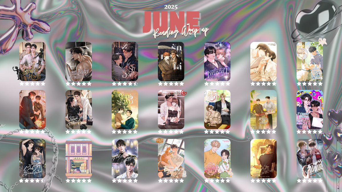 _earn20_'s tweet photo. ⋆˙⟡♡✧˖ June 2025 reading wrap up 📚₊˚ෆ⊹₊ ⋆ #readingwrapupth #แนะนำนิยายวาย 

#ปรปักษ์หวนรัก
#เด็กของพี่เทียน
#อุ้มรักอัลฟ่า
#รักหลงโล่
#ต้องการเพียงฟ้า
#โทนของสาม
#ตื่นขึ้นมาก็กลายเป็นหมาเสียแล้ว
#ห้ามรักฮิม
#พันไมล์กับป๋ายฟ้า
#จันทร์กะพ้อ
#อยากได้ก็ต้องเปย์
#เต่าต้องรัก https://t.co/a9CqUfDLMj