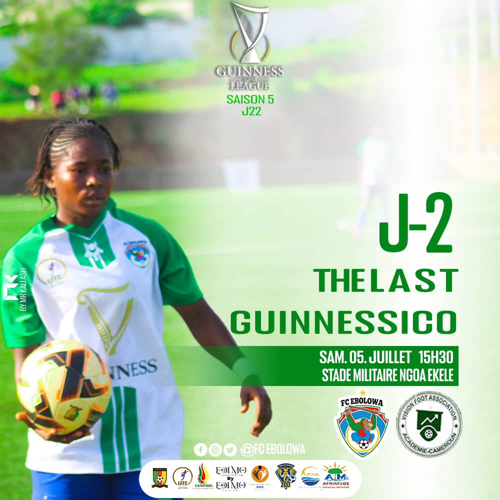 🚨TWO DAYS TO GO🚨
Last Match Day Of <a href="/GSuper_League/">Guinness Super League</a>  5 J22: <a href="/FCEbolowa/">FC Ebolowa</a> 🆚 @VisionFootAcademie
#NGOAEKELE
0️⃣2️⃣ DAYS...

#WeAreBeNgonYâEbolowoo💚💙
#Champion🇨🇲🏆🥇
#CHGSL5 
#LastGuinnessico #BeReady #FCEVFA
<a href="/PortOfKribi/">Port Autonome de Kribi</a>
<a href="/edimosports/">EDIMO Sports</a>
<a href="/Camfool_/">Camfool Association</a>
#ASMIS
#EnsembleEcrivonslHistoire