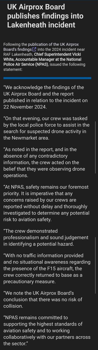 UAVHive (@uavhive) on Twitter photo The National Police Air Service <a href="/NPAShq/">National Police Air Service</a> have published a statement with regard to the Lakenheath/Newmarket incident with the USAF F15.
npas.police.uk/news/uk-airpro⦠The National Police Air Service <a href="/NPAShq/">National Police Air Service</a> have published a statement with regard to the Lakenheath/Newmarket incident with the USAF F15.
npas.police.uk/news/uk-airproā¦