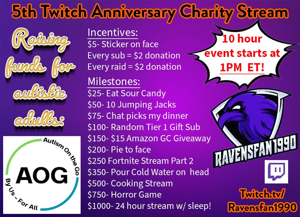 Ravensfan90's tweet photo. This Saturday July 5th at 1pm est I will be hosting my first ever charity twitch stream to kick off 5 years on twitch as a streamer. I will be raising money for Autism On the Go  A non profit organization #autismawareness #charity #autism #Neurodivergent #twitch #streamer https://t.co/a00TjMXm88