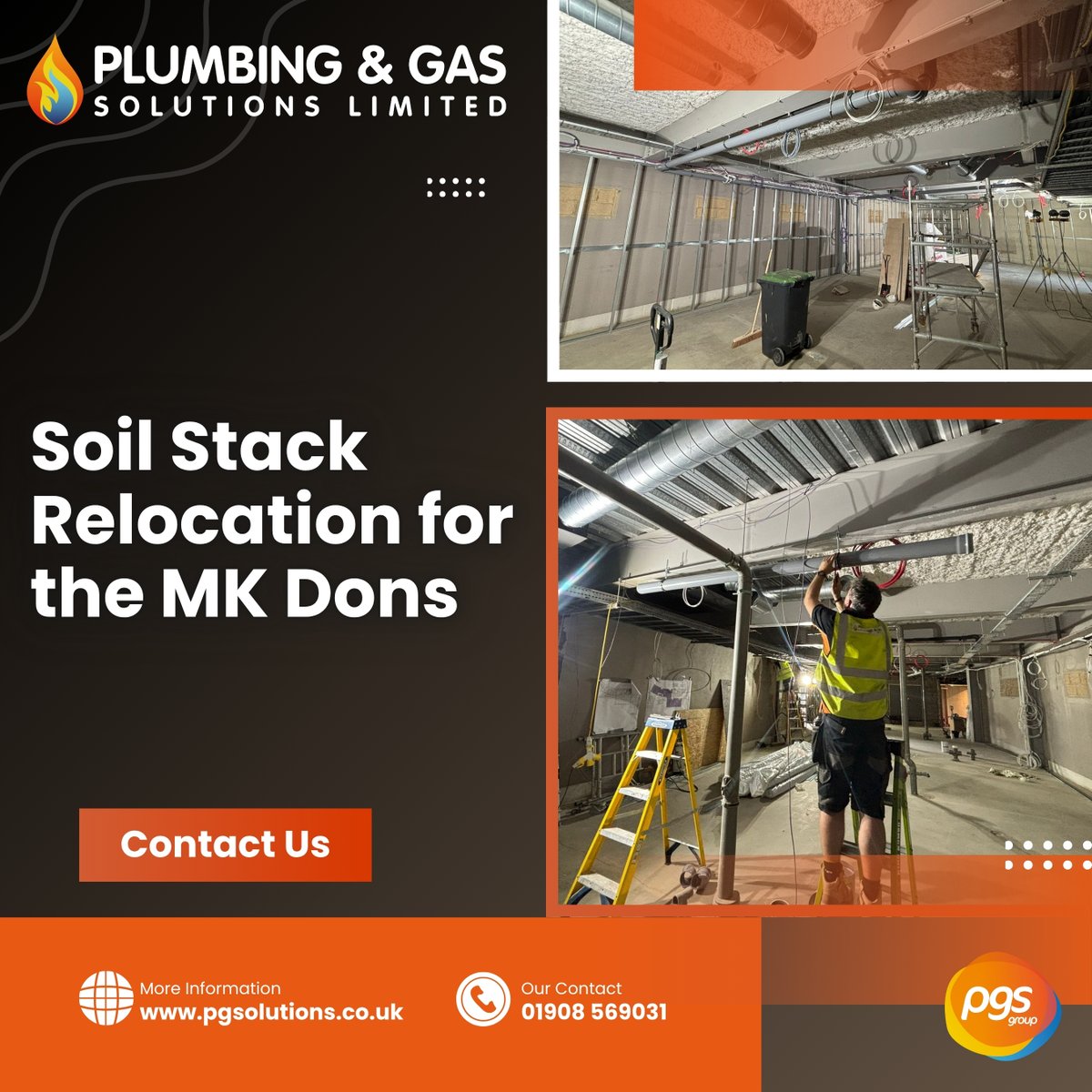 PGSolutionsltd's tweet image. We relocated the soil stack at Stadium MK for a new bar install, replacing it with new pipework to suit the updated layout.
The new position ensured optimal function, with pressure-tested, watertight connections. Disruption was minimal, and the finish was clean.
01908 569031 📞