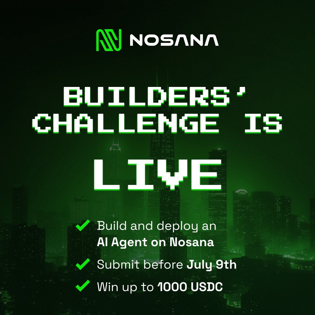 Submissions for the Nosana Builders’ Challenge #2 are rolling in!

You’re either building… or watching 😎

There’s still time to ship something cool and win rewards!

🗓 Deadline: July 9
📣 Make sure to post it on X!

Join now: nosana.com/blog/agent_cha…