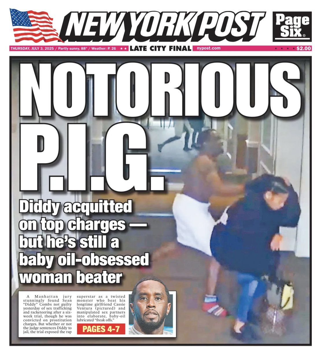Sean Combs beat the top charges he faced at his sensational sex trafficking trial in Manhattan.

But the case shed light on the disgraced mogul's ghastly violence toward his lovers.

And that he pressured them into baby-oil-fueled sex marathons.

nypost.com/2025/07/02/us-…