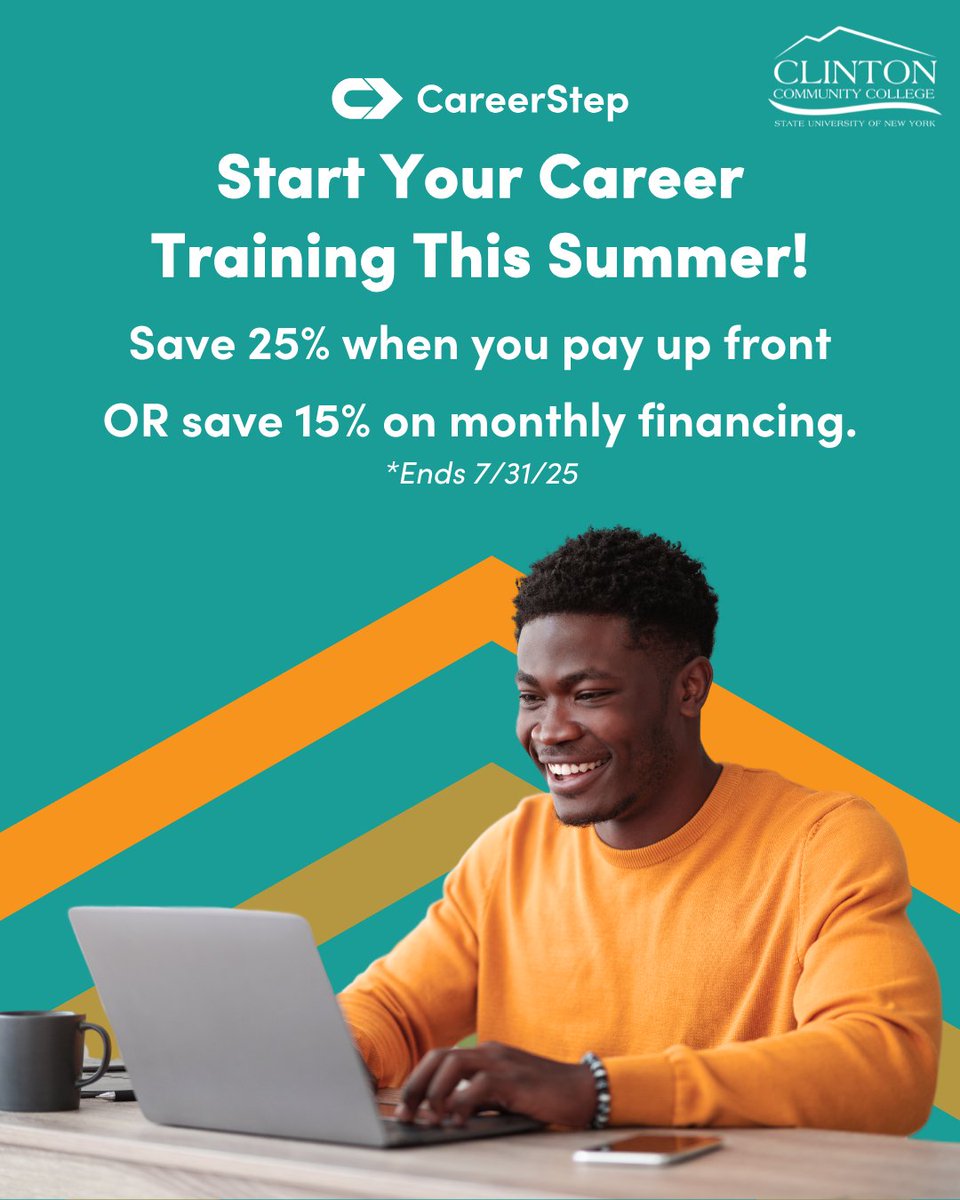 Ends 7/31/25! Start training for a new career path this summer with CareerStep!

Save 25% when you pay up front
Or save 15% with monthly financing
Call 877.225.7151 to speak with an Admissions Specialist
Explore programs: careerstep.com/lp/partner/ap/…