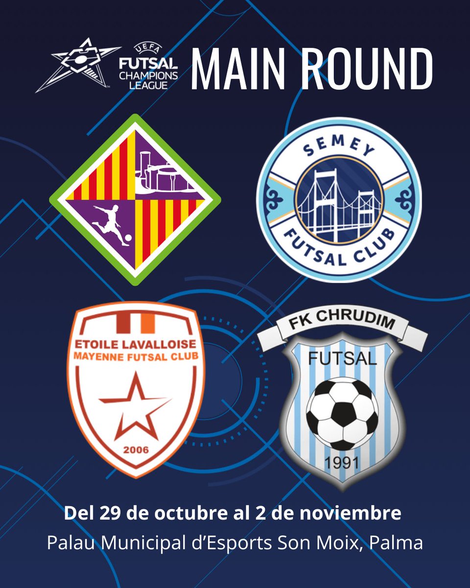 ‼️Ya tenemos grupo y rivales para la Ronda Principal de la <a href="/UEFAFutsal/">UEFA Futsal</a> 

𝗚𝗥𝗨𝗣𝗢 𝟮

🇪🇸 <a href="/PalmaFutsal/">Illes Balears Palma Futsal</a> 
🇰🇿 Futsal Club Semey
🇫🇷 Etoile Lavalloise 
🇨🇿 FK CHRUDIM

📅 Del 29 de octubre al 2 de noviembre
🏟️ Palau Municipal d’Esports Son Moix

#UEFAFutsalChampionsLeague
