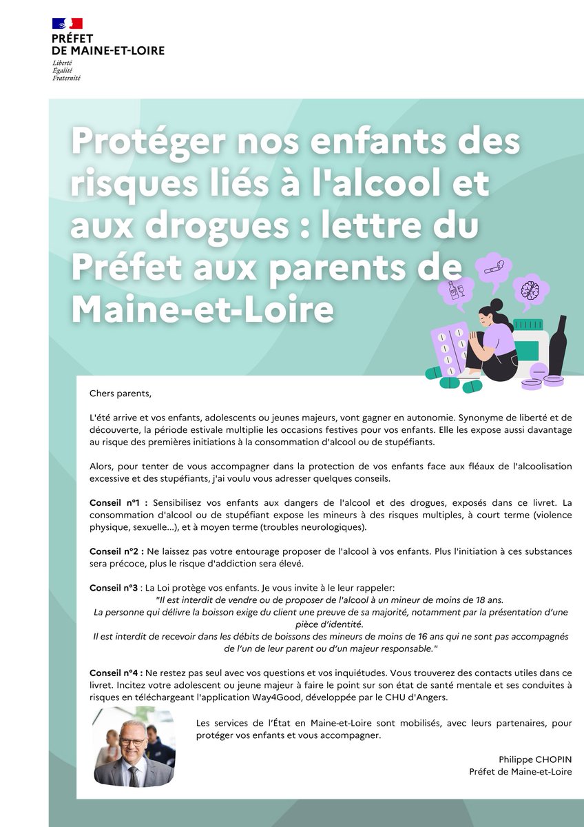 Prefet49's tweet image. 👨👩👧 Protégeons nos enfants des risques liés à l'alcool et aux drogues |
Dans le cadre du plan départemental de prévention de la délinquance, le préfet de Maine-et-Loire, Philippe CHOPIN, s’adresse aux parents : vous avez un rôle clé à jouer ! ⤵️