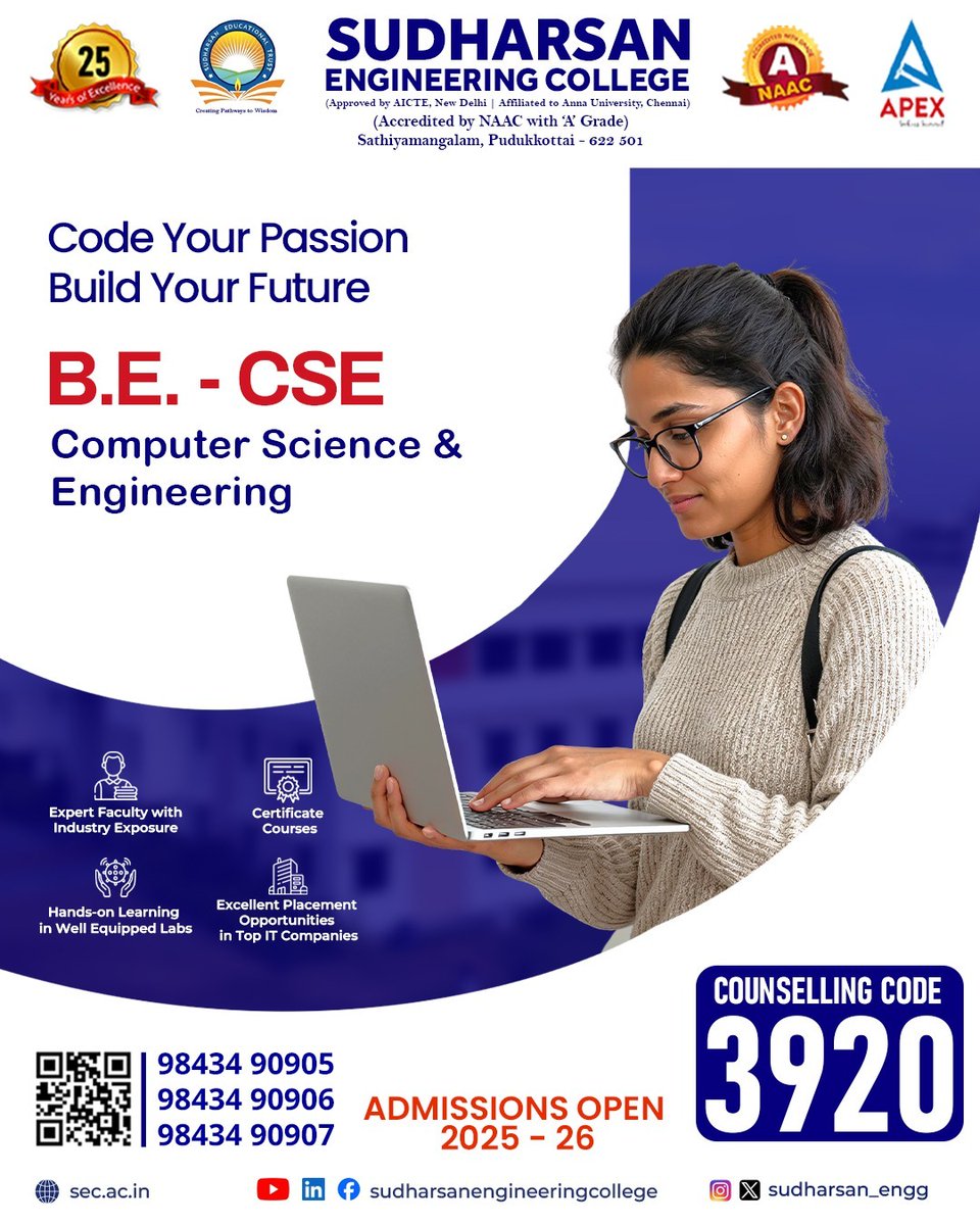 sudharsan_engg's tweet image. 🎓 Code Your Passion, Build Your Future at Sudharsan! 💻✨
Ready to turn your coding dreams into a successful tech career?
Join B.E. – CSE
📞 Call Now: 98434 90905 | 90906 | 90907
🌐 Visit: sec.ac.in
#becomeacoder #cseadmissions2025 #sudharsanengineeringcollege
