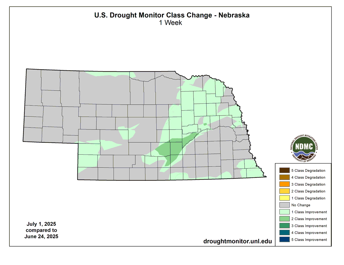 The latest drought monitor was just released this morning, taking into account the record rainfall in Grand Island and surrounding areas last week. 

Buffalo, Hall and Merrick counties have seen drought conditions improve by 2 classes in one week. #NEwx