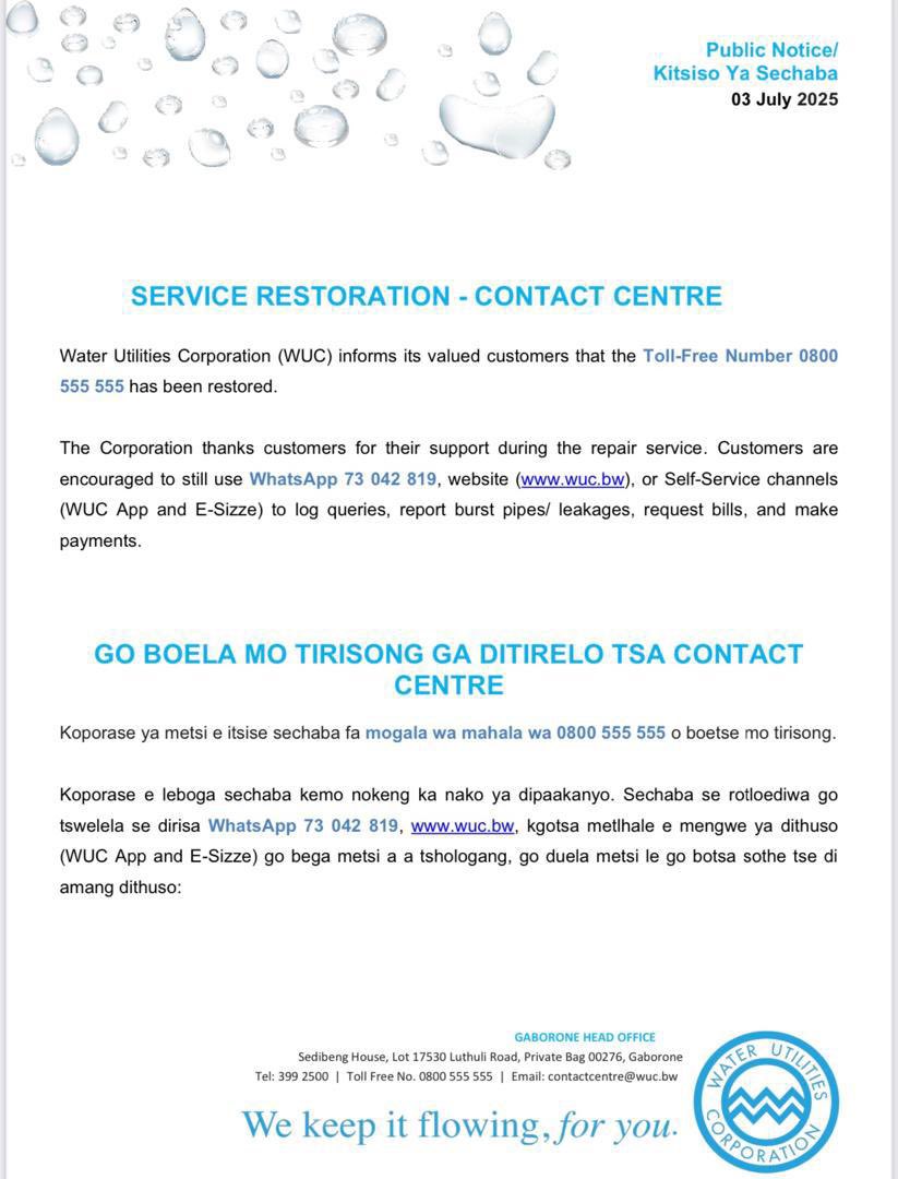 Public Notice/ Kitsiso Ya Sechaba

SERVICE RESTORATION: CONTACT CENTRE

GO BOELA MO TIRISONG GA DITIRELO TSA CONTACT CENTRE