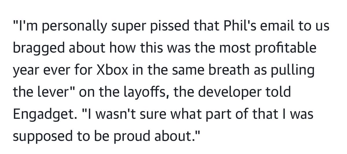 Mr_Rebs_'s tweet photo. Here’s the former Halo Studio developer’s response to Phil Spencer’s layoff email: "I'm personally super pissed that Phil's email to us bragged about how this was the most profitable year ever for Xbox in the same breath as pulling the lever.”

My response: You have to be cheap as hell to layoff 5 or so employees from Halo Studios during your most profitable year. Also it’s incredibly dumb to negatively affect Halo Studios who are trying to build Halo’s future after many years of major development problems. #Xbox #Halo