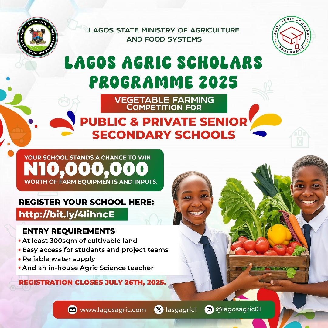 ...🌱 Schools in Lagos! Get your hands dirty and your minds growing in our statewide farming competition! 🏆 Stand a chance to win input assets worth up to ₦10 million to transform your school farm. Don’t miss this opportunity to cultivate innovation, teamwork, and a greener