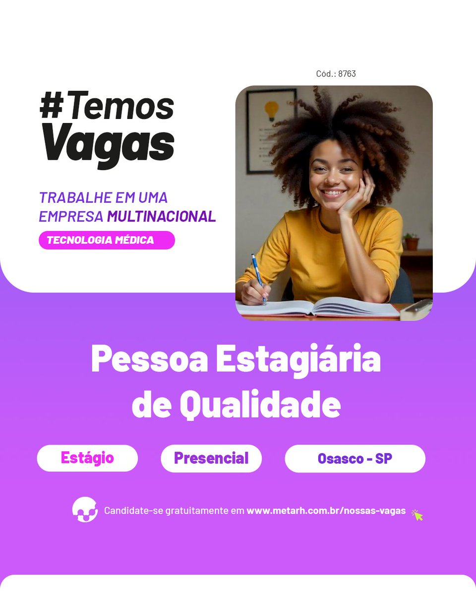 ametarh's tweet image. 📣 Oportunidade em Osasco – SP! #TemosVagas

Estamos apoiando uma empresa multinacional do setor de tecnologia médica, na busca por uma Pessoa Estagiária de #Qualidade para uma posição presencial.

Saiba mais em: x.gd/rg3S6H