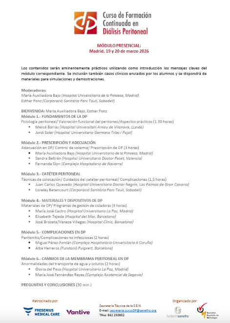 📌Últimos días para apuntarte al Curso de Diálisis Peritoneal para adjuntos Socios S.E.N. 
Un curso completísimo con una parte online teórico- práctica + 2 días de formación en Madrid. 
+ de 30 profesionales de la DP a tu disposición....
📣Si la DP es lo tuyo... ya puedes
