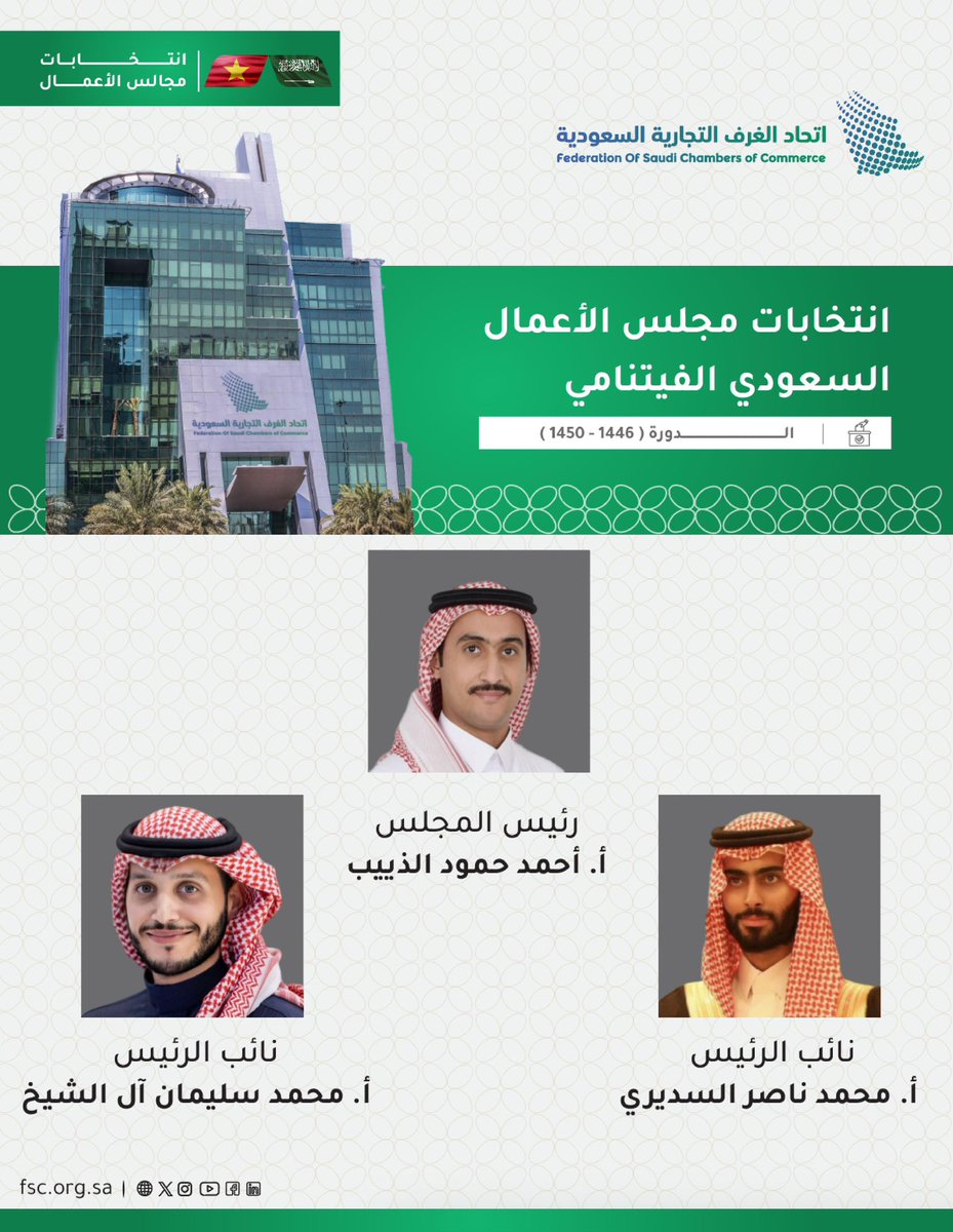 مجلس الأعمال السعودي الفيتنامي يعقد اجتماعه الأول
ويعلن عن انتخاب أ. أحمد الذييب رئيساً، و أ. محمد السديري و أ. محمد آل الشيخ نائبين للرئيس، وذلك للدورة الجديدة للمجلس (1446-1450)

#اتحاد_الغرف_السعودية