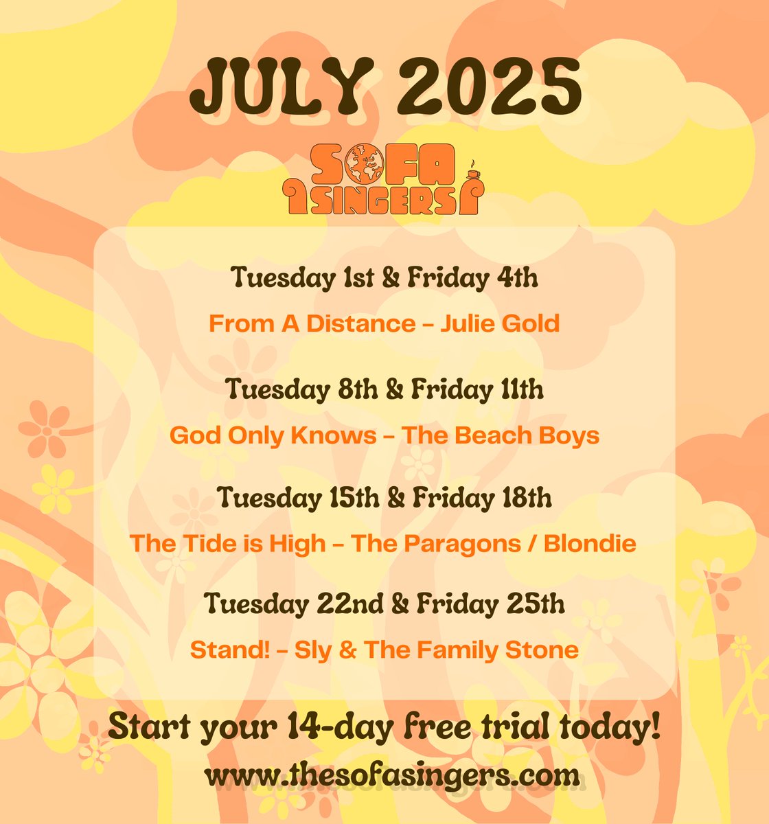 The Sofa Singers - Online Community (@thesofasingers) on Twitter photo Summer on the Sofa: check out our July schedule!🔥
This month includes tributes to the late great Brian Wilson & Sly Stone✨
Join our global community today & enjoy a free 14-day trial. Make singing part of your routine to spark joy & support wellbeing.
You’re always welcome🧡 Summer on the Sofa: check out our July schedule!🔥
This month includes tributes to the late great Brian Wilson & Sly Stone✨
Join our global community today & enjoy a free 14-day trial. Make singing part of your routine to spark joy & support wellbeing.
You’re always welcome🧡