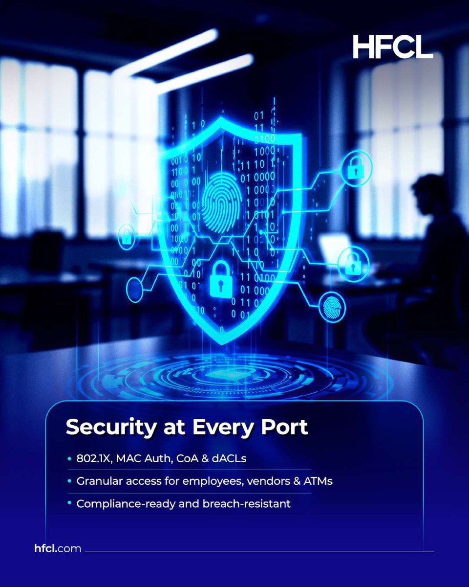 hfclg's tweet image. Smarter switching for BFSI 🚀
HFCL Plus Series Switches = always-on, secure, scalable.

🔒 Dual firmware
🔌 8/24/48 ports + 10G uplinks
🛡️ 802.1X, dACLs, CoA
🏦 Granular control for ATMs &amp;amp; staff

🔗 hfcl.com

#HFCL #SmartSwitching #NetworkSecurity #MadeInIndia