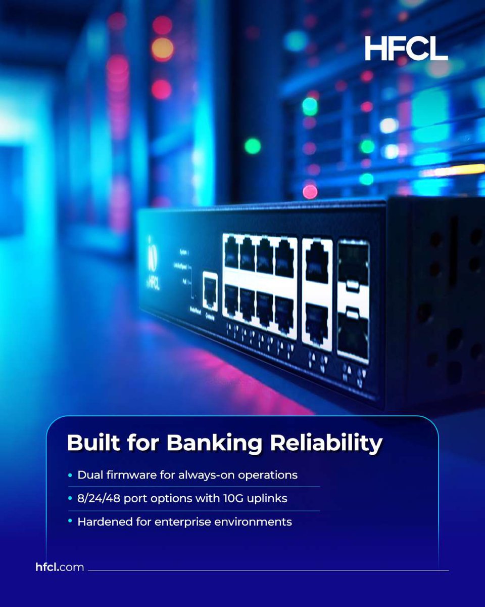 hfclg's tweet image. Smarter switching for BFSI 🚀
HFCL Plus Series Switches = always-on, secure, scalable.

🔒 Dual firmware
🔌 8/24/48 ports + 10G uplinks
🛡️ 802.1X, dACLs, CoA
🏦 Granular control for ATMs &amp;amp; staff

🔗 hfcl.com

#HFCL #SmartSwitching #NetworkSecurity #MadeInIndia