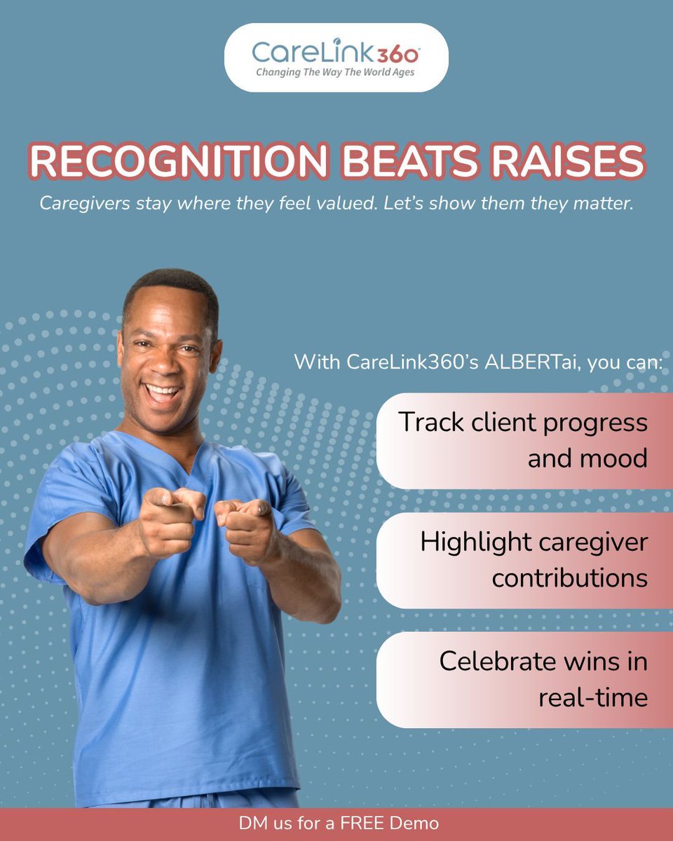Recognition &gt; Raises
Caregivers stay where they feel valued.
CareLink360’s ALBERTai tracks mood, progress &amp; contributions—so you can recognize wins in real-time.

👉 DM us for a FREE demo
#CaregiverRecognition #CareLink360 #AlberAI #InnovationInCare