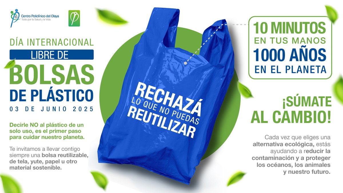 ♻️ Hoy es el Día Internacional Libre de Bolsas de Plástico 🛍️🌍
¡Cambia el plástico por conciencia! Usa bolsas reutilizables y dale un respiro al planeta. 💚
#DíaSinBolsasPlásticas #CuidemosElPlaneta #BolsasReutilizables #EcoFriendly #PlanetaLimpio #ConcienciaVerde