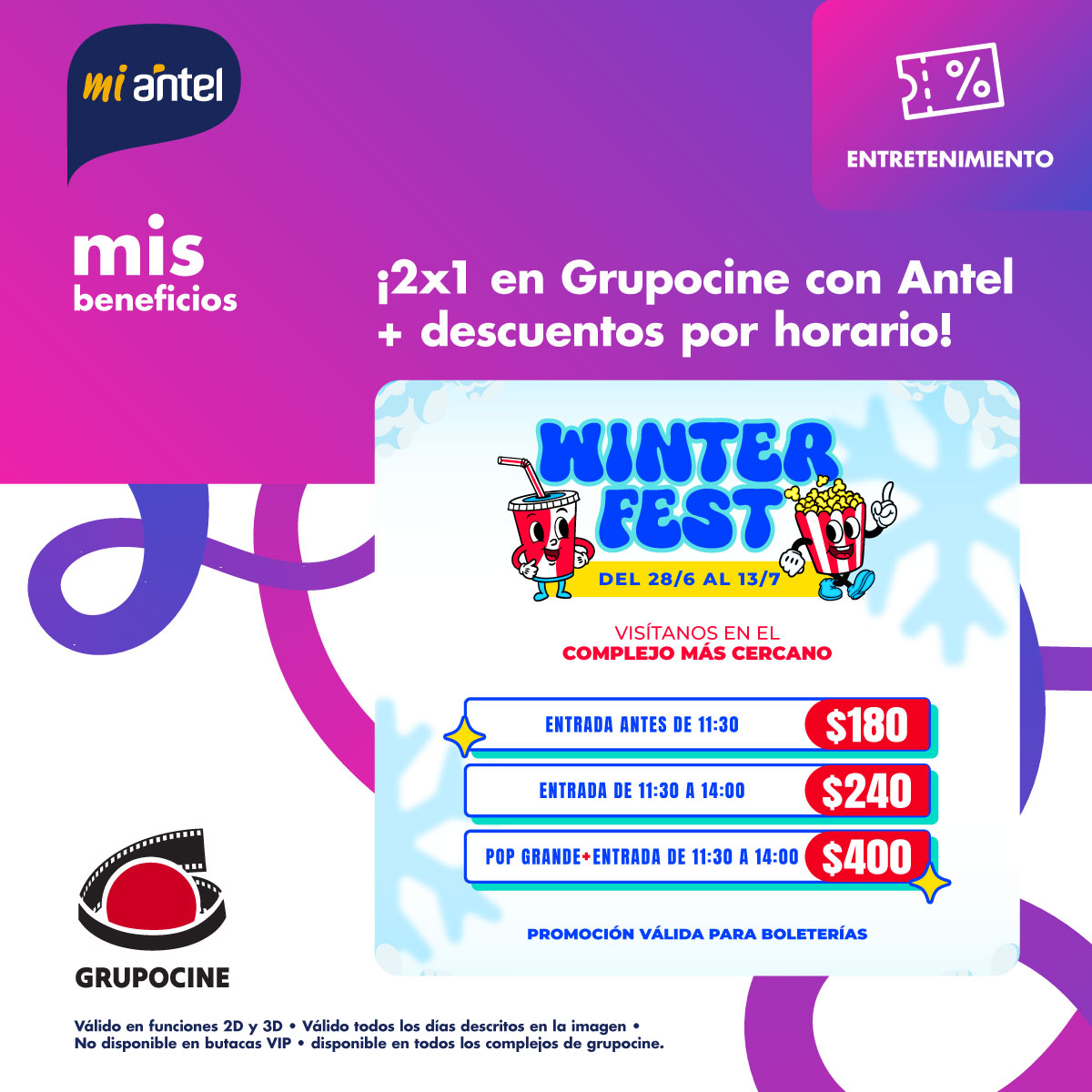 ¡Vacaciones de invierno con ofertas de <a href="/Grupocine_uy/">Grupocine</a> y Antel! 📅 Del 28/6 al 13/7 precios especiales por horario en todos los complejos de Grupocine: Antes de 11:30 → 2x1 a $180. 🕧de 11:30 a 13:59 → 2x1 a $240. 🍿 2x1 + 2 pop grandes a $400. Ingresá a la app MiAntel o en: