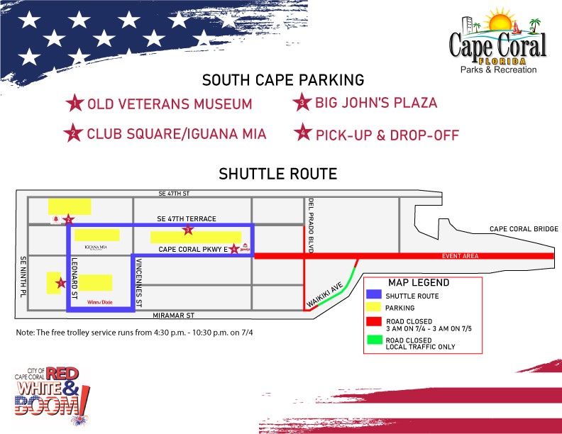 🚧 Cape Coral Bridge &amp; roads closed July 4, 3 a.m.–July 5, 3 a.m. for Freedom 5K &amp; Red, White &amp; BOOM 🎆

🚌 Free shuttles 4:30–10:30 p.m.
🚫 No drone zone 2 p.m.–midnight July 4

Use Veterans Memorial &amp; Business US 41 bridges as alternate routes. Stay safe &amp; enjoy! 🇺🇸