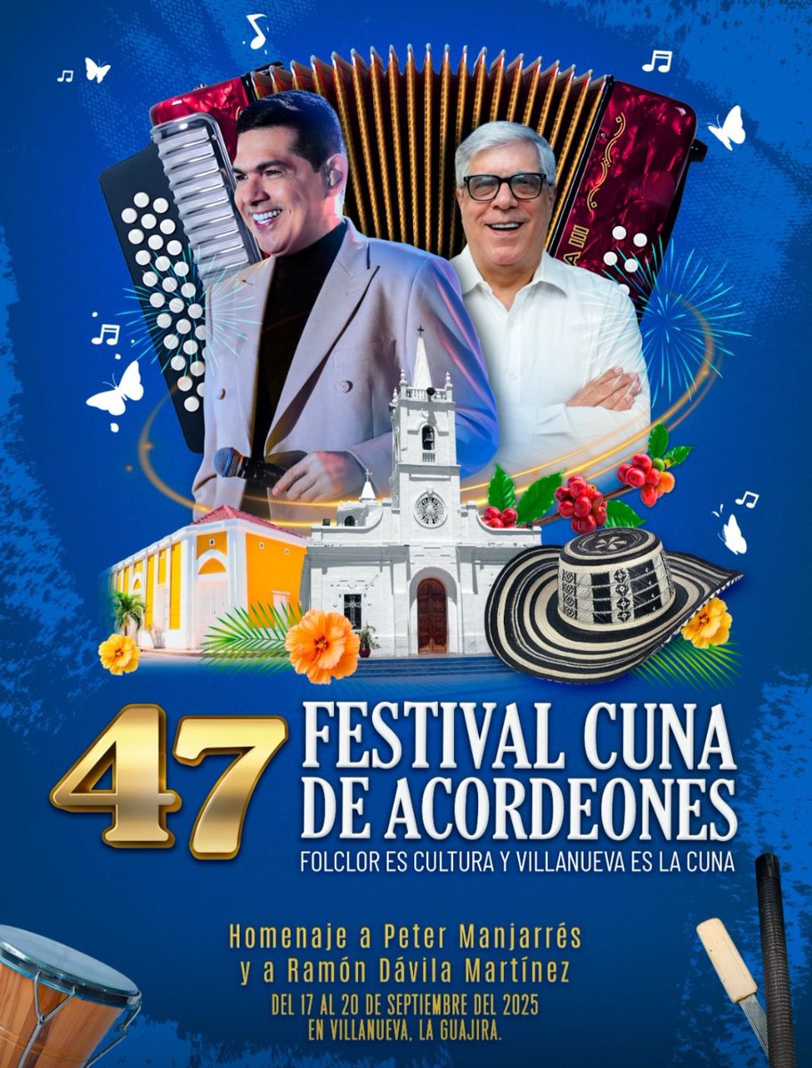 Afiche oficial <a href="/festivalcuna/">Festival Cuna de Acordeones</a>  versión 47. Homenaje a <a href="/PeterManjarres/">petermanjarres</a> y a Ramón Davila.

Te esperamos del 17 al 20 de septiembre del 2025.