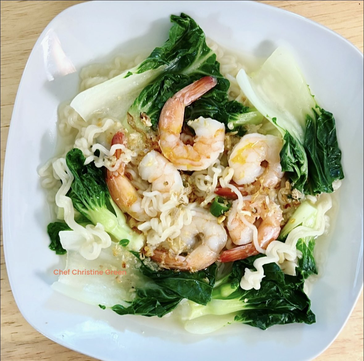Afternoon delight … Delicious Ramen noodles with baby Bok Choy and shrimp in light Miso soup 🥢