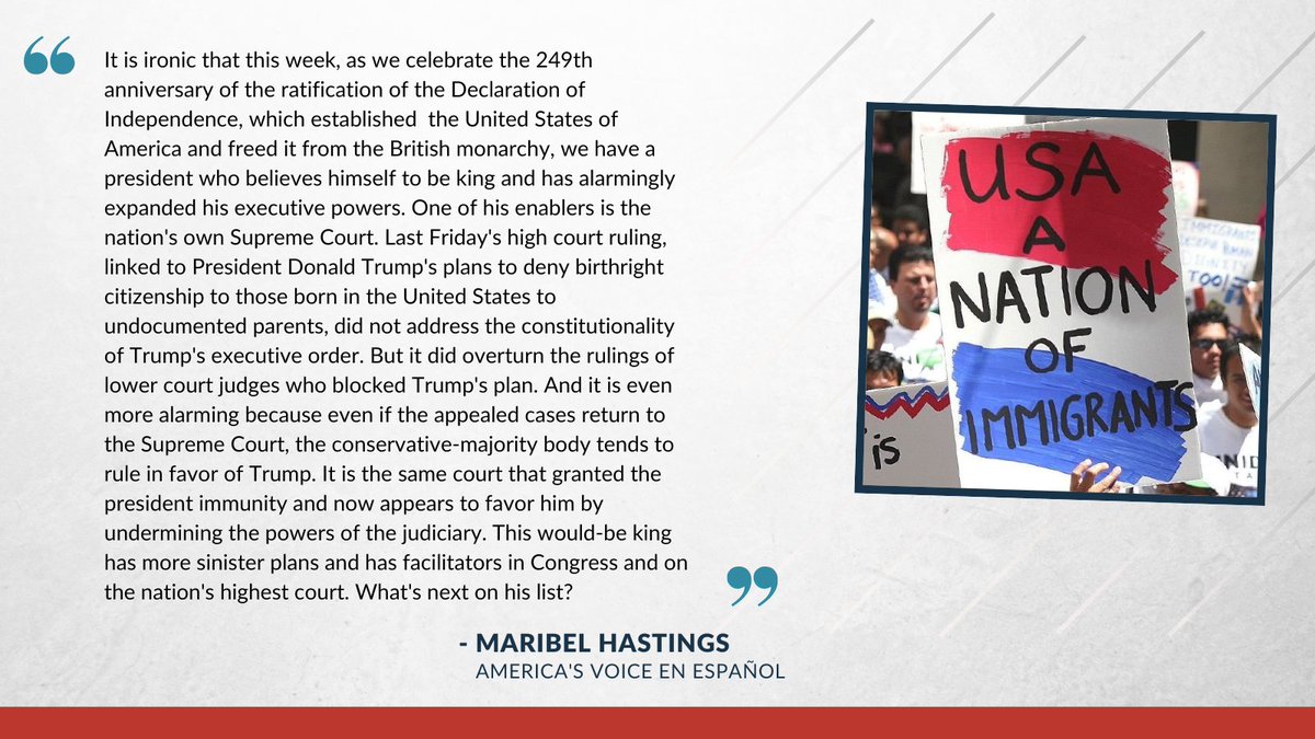 America's Voice (@americasvoice) on Twitter photo In her weekly column, <a href="/maribelhastings/">Maribel Hastings</a> writes that on July 4, 1776, the Declaration of Independence was ratified, creating the United States free from the British monarchy, and 249 years later, Trump believes himself to be king.
americasvoice.org/comunicados/tr… In her weekly column, <a href="/maribelhastings/">Maribel Hastings</a> writes that on July 4, 1776, the Declaration of Independence was ratified, creating the United States free from the British monarchy, and 249 years later, Trump believes himself to be king.
americasvoice.org/comunicados/tr…