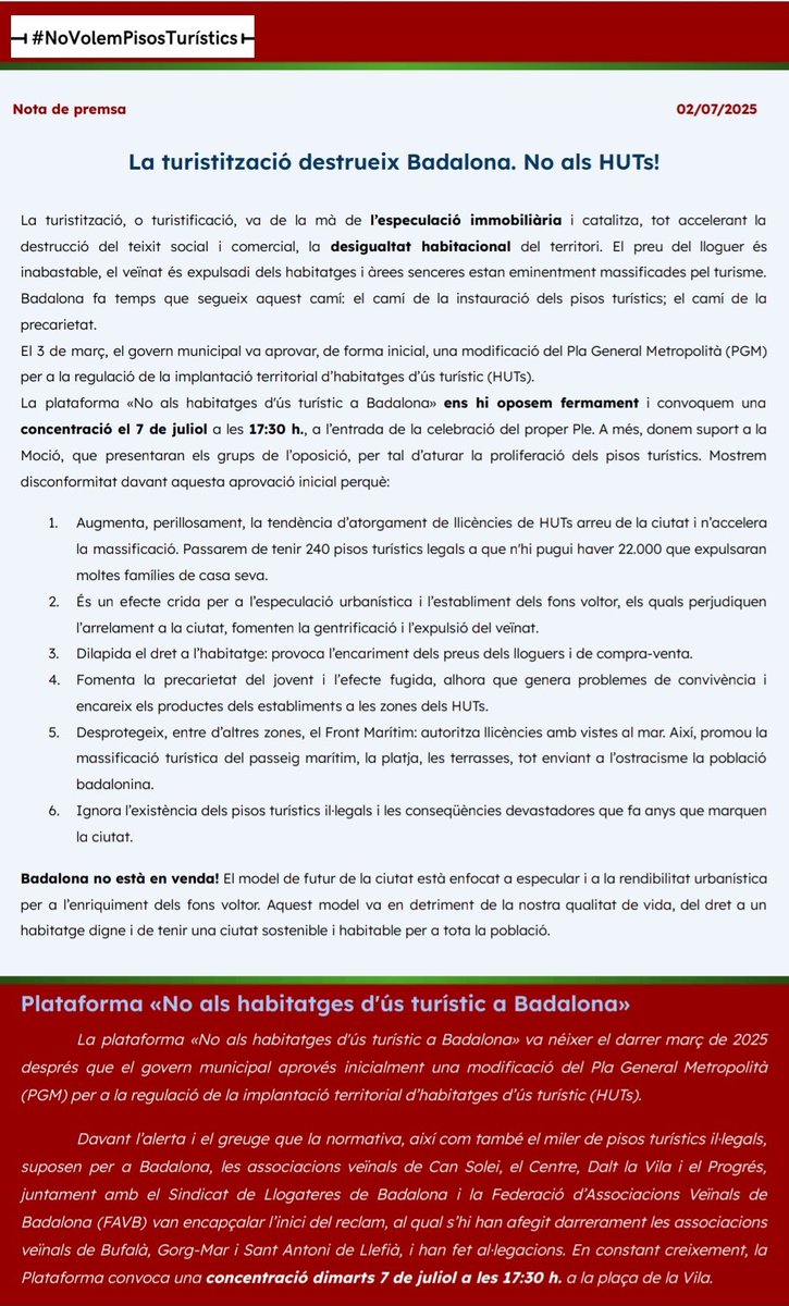 Concentració veïnal!
❌ NO als habitatges d’ús turístic a Badalona!
🗓 7 de juliol 🕠 17:30 h
📍 Plaça de la Vila Badalona

Defensem el dret a l’habitatge i una ciutat per viure-hi, no per especular! #NoVolemPisosTurístics #BadalonaNoEstàEnVenda