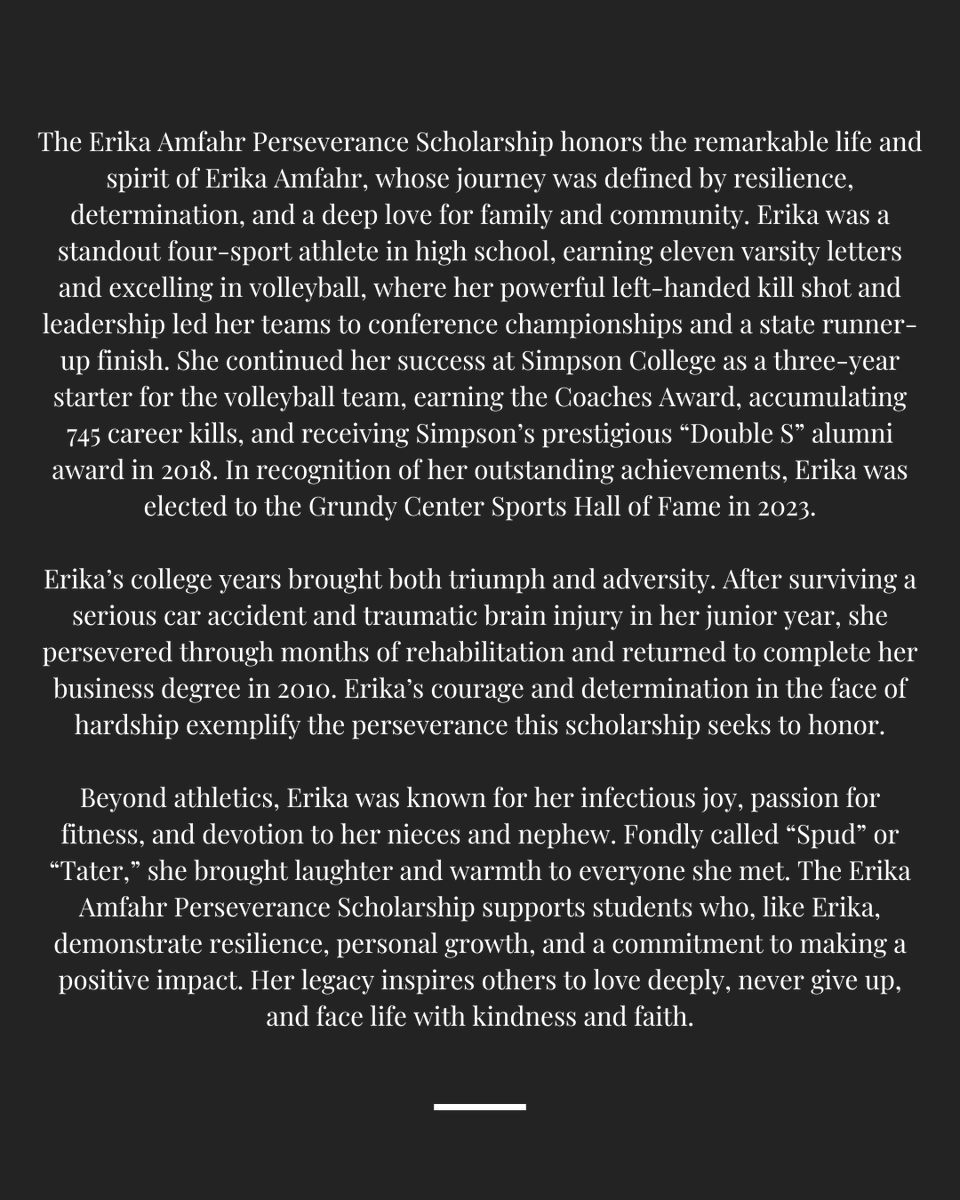 GCVBSpartans's tweet photo. The friendships formed on the high school court are more than just about volleyball—they’re lifelong bonds built on sweat, teamwork, and shared dreams. For the Class of 2004, this couldn’t be truer. In honor of their teammate, Katie, Alicia, and Amber are launching the Erika Amfahr Perseverance Scholarship to keep Erika’s legacy alive. The scholarship will be available for future Grundy Center graduates.
Want to help? Donate at GNB Bank, Venmo, or reach out to Katie Simms, Alicia Fryslie, Amber Kiewiet, or Coach Lori Willis. Let’s honor Erika together and Go Spartans!
