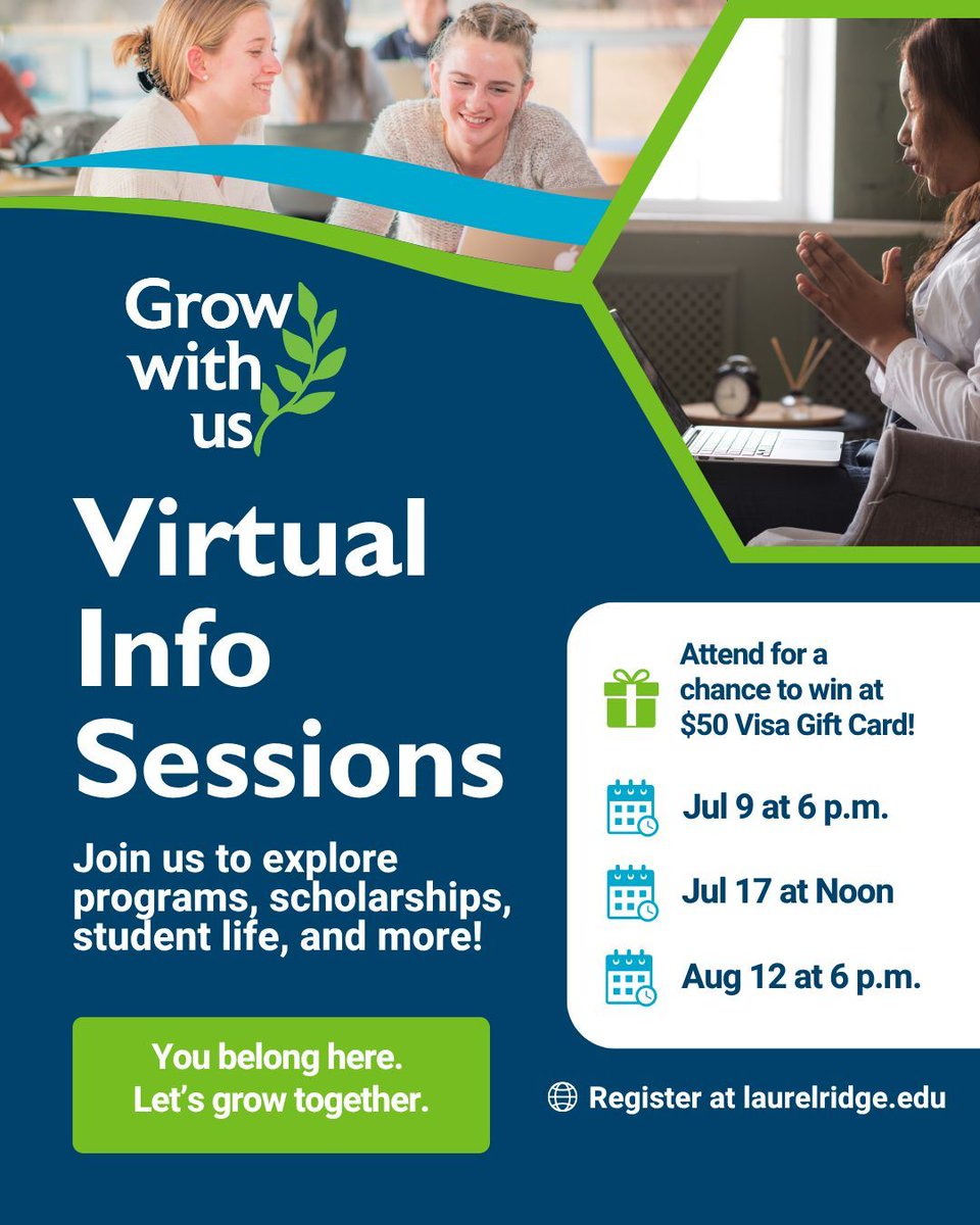 Attend our virtual information session for a chance to win a $50 Visa gift card! 
🔗 Register now: 
Wednesday, July 9 @ 6 p.m.
buff.ly/RlmFIMT 
Thursday, July 17 at Noon.
buff.ly/cqrnu5W
Tuesday, Aug. 12 @ 6 p.m.
buff.ly/IJDoG2M