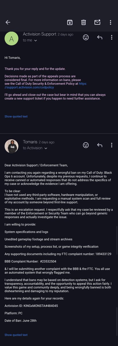 KINGxMONSTA's tweet photo. @Activision @ATVIAssist @Activision @ATVIAssist Multiple times, same canned response. https://t.co/QxmjQxOs55