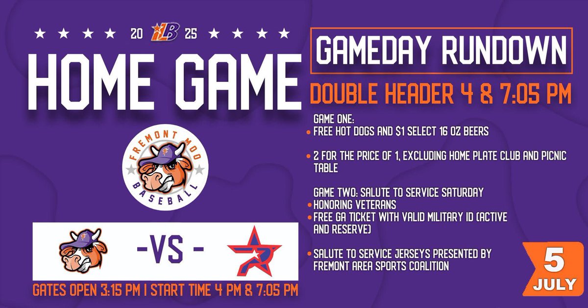 🗓️ Don’t Miss the DoubleHeader Fun this Saturday, July 5th 
⏰ First Pitches: 4:00 &amp; 7:05 PM | Gates Open: 3:15 PM
🎟️ 2 Games for the Price of 1
🌭 FREE Hot Dogs during Game One
🍻 $1 Select Beers during Game One
🇺🇸 Game Two – Salute to Service Saturday
🏅 Honoring Veterans on