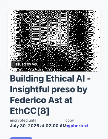 I just created an entry on the @EthTimeCapsule 🕰️✨ 

Building Ethical AI - Insightful presentation by <a href="/federicoast/">Federico Ast</a>, <a href="/Kleros_io/">Kleros</a> at <a href="/EthCC/">EthCC - Ethereum Community Conference</a>[8]

It will be revealed on 30 July 2026.

View my encrypted entry and create your own: ethtimecapsule.com/gallery.html?c…