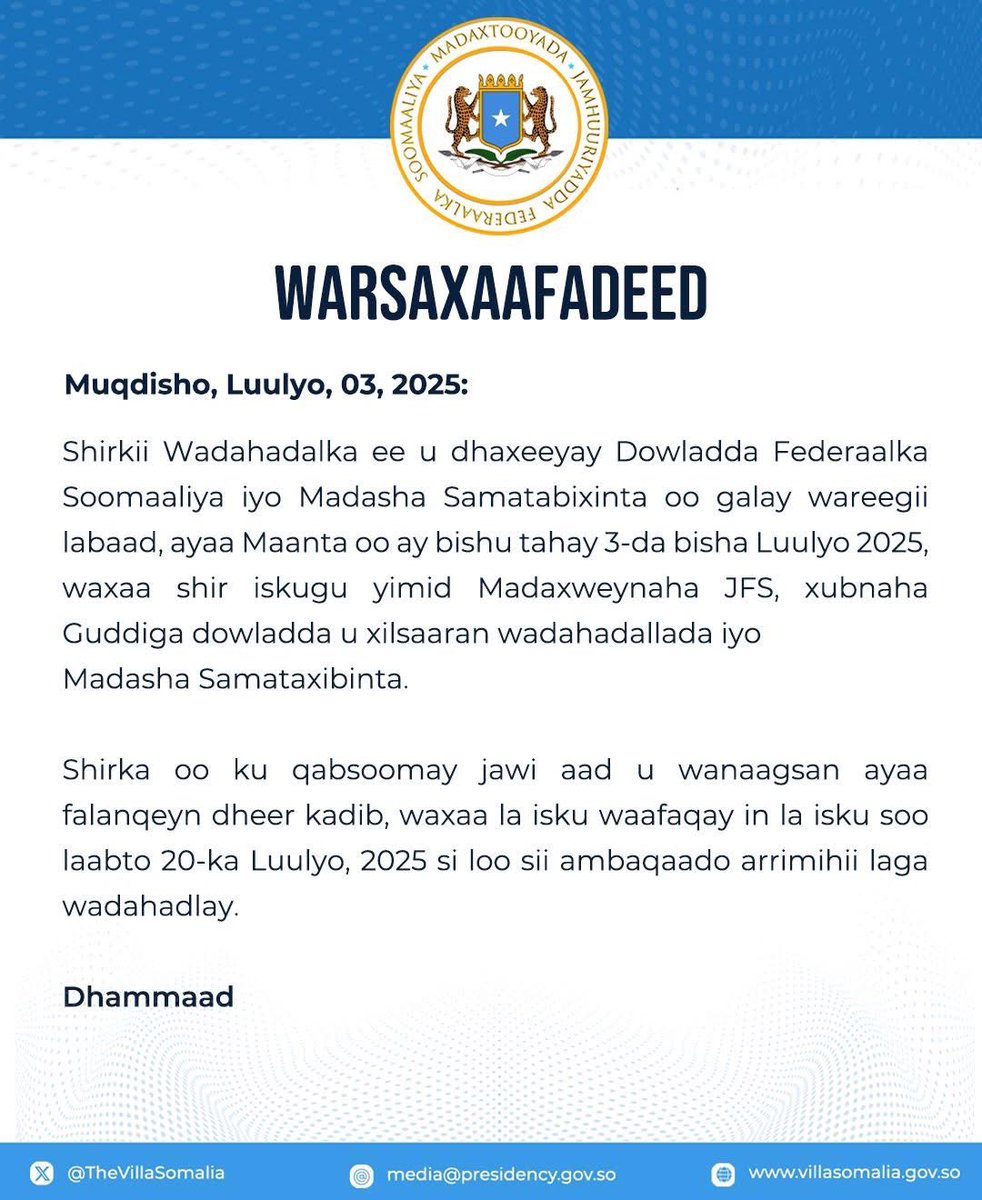 Villa Somalia (@thevillasomalia) on Twitter photo H.E. President <a href="/HassanSMohamud/">Hassan Sheikh Mohamud</a> convened the second round of National Consultative Dialogue with political opposition groups at the Presidential Palace, Villa Somalia.
Following cordial discussions, all parties agreed to continue discussions on the pre-agreed agendas. The next H.E. President <a href="/HassanSMohamud/">Hassan Sheikh Mohamud</a> convened the second round of National Consultative Dialogue with political opposition groups at the Presidential Palace, Villa Somalia.
Following cordial discussions, all parties agreed to continue discussions on the pre-agreed agendas. The next