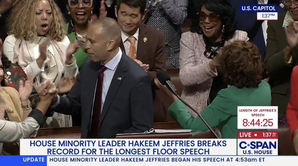 Taylor Popielarz (@taylorpopielarz) on Twitter photo <a href="/RepJeffries/">Hakeem Jeffries</a> House Democratic Leader <a href="/RepJeffries/">Hakeem Jeffries</a> just finished the longest-ever speech on the House floor.
8 hours, 44 minutes in protest of President Trump's "Big Beautiful Bill."
Still, Republicans are expected to have the votes to pass it. <a href="/RepJeffries/">Hakeem Jeffries</a> House Democratic Leader <a href="/RepJeffries/">Hakeem Jeffries</a> just finished the longest-ever speech on the House floor.
8 hours, 44 minutes in protest of President Trump's "Big Beautiful Bill."
Still, Republicans are expected to have the votes to pass it.