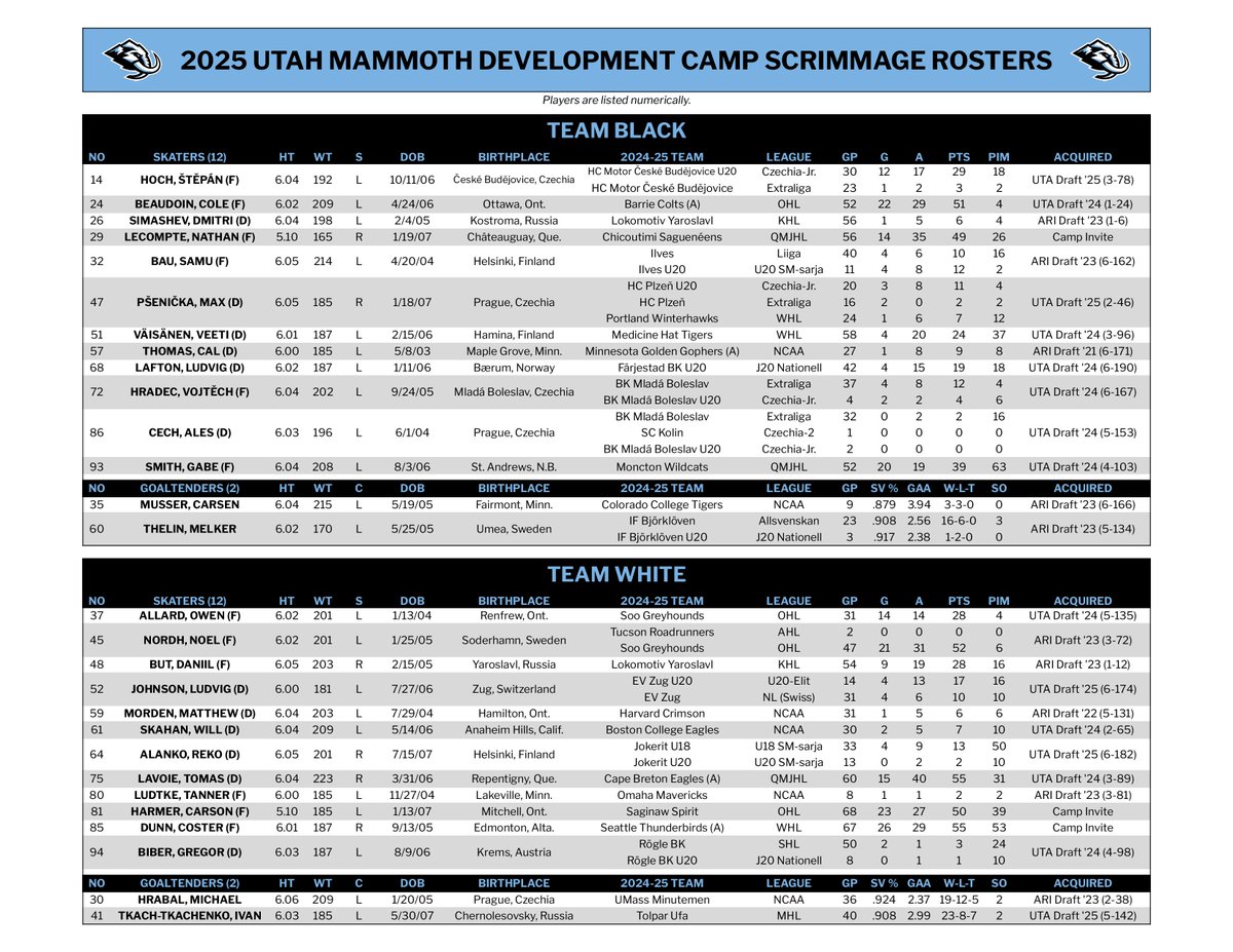 UtahMammoth_PR's tweet image. Please see the rosters for today&apos;s Development Camp scrimmage: